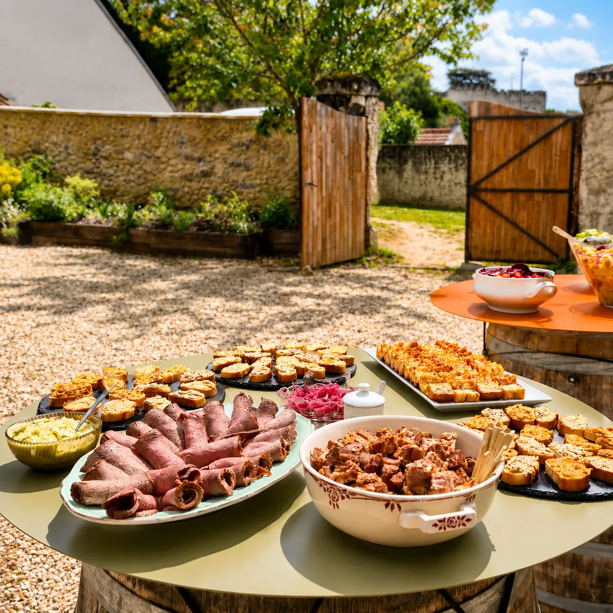 Buffet dressé dans une cour en pierre avec charcuterie et terrines