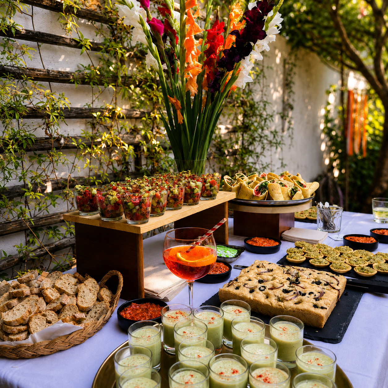Buffet de réception Disons Dinette dressé en jardin avec verrines de gaspacho et fleurs