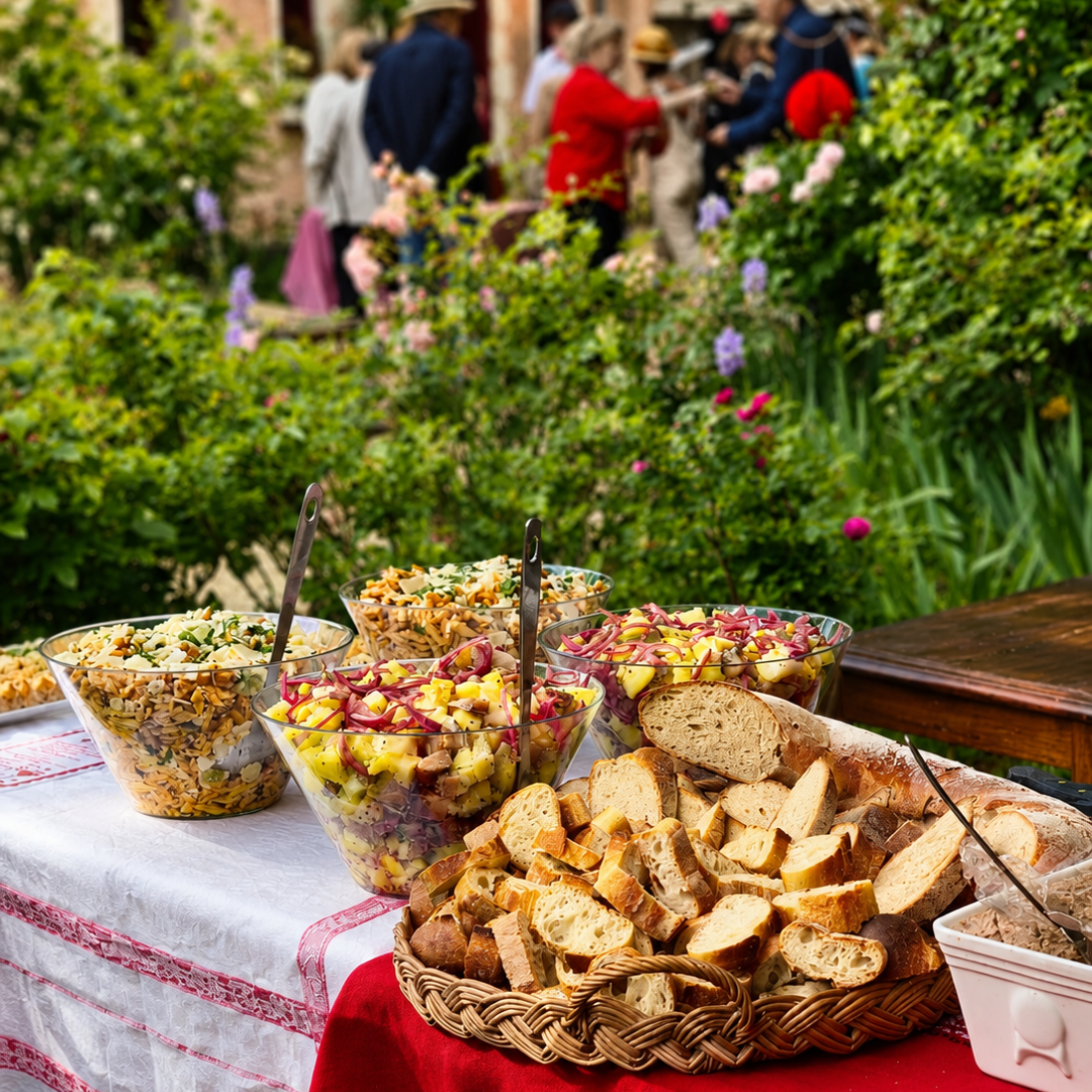 Buffet de réception dans un jardin en fleurs