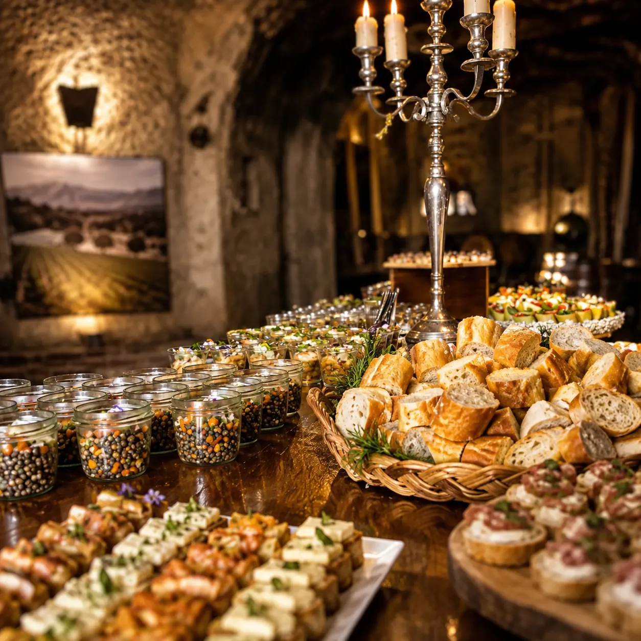 Buffet traiteur dressé dans une cave troglodyte aux chandelles