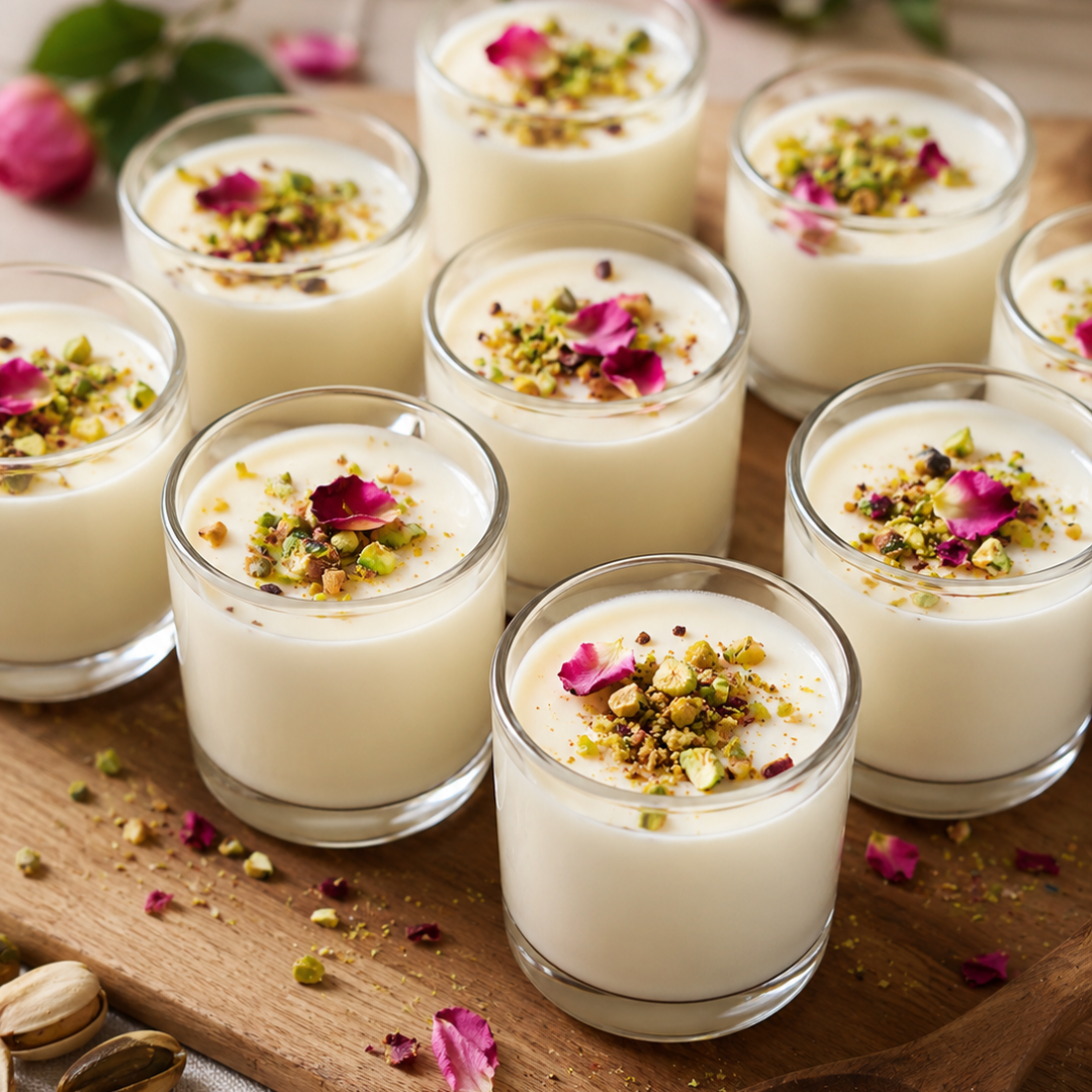Panna cotta, pétales de rose et pistache