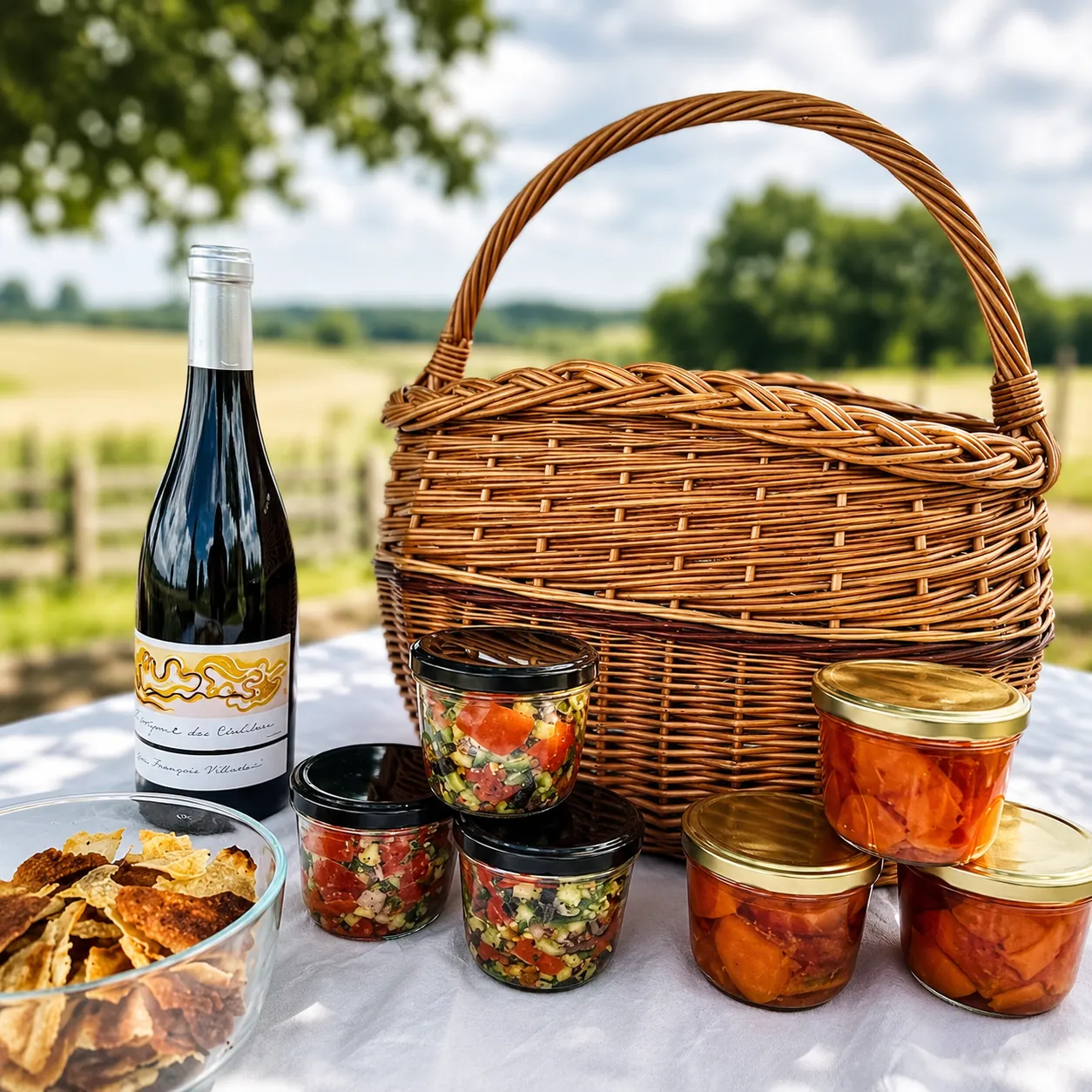 Panier pique-nique chic avec bocaux de légumes et vin