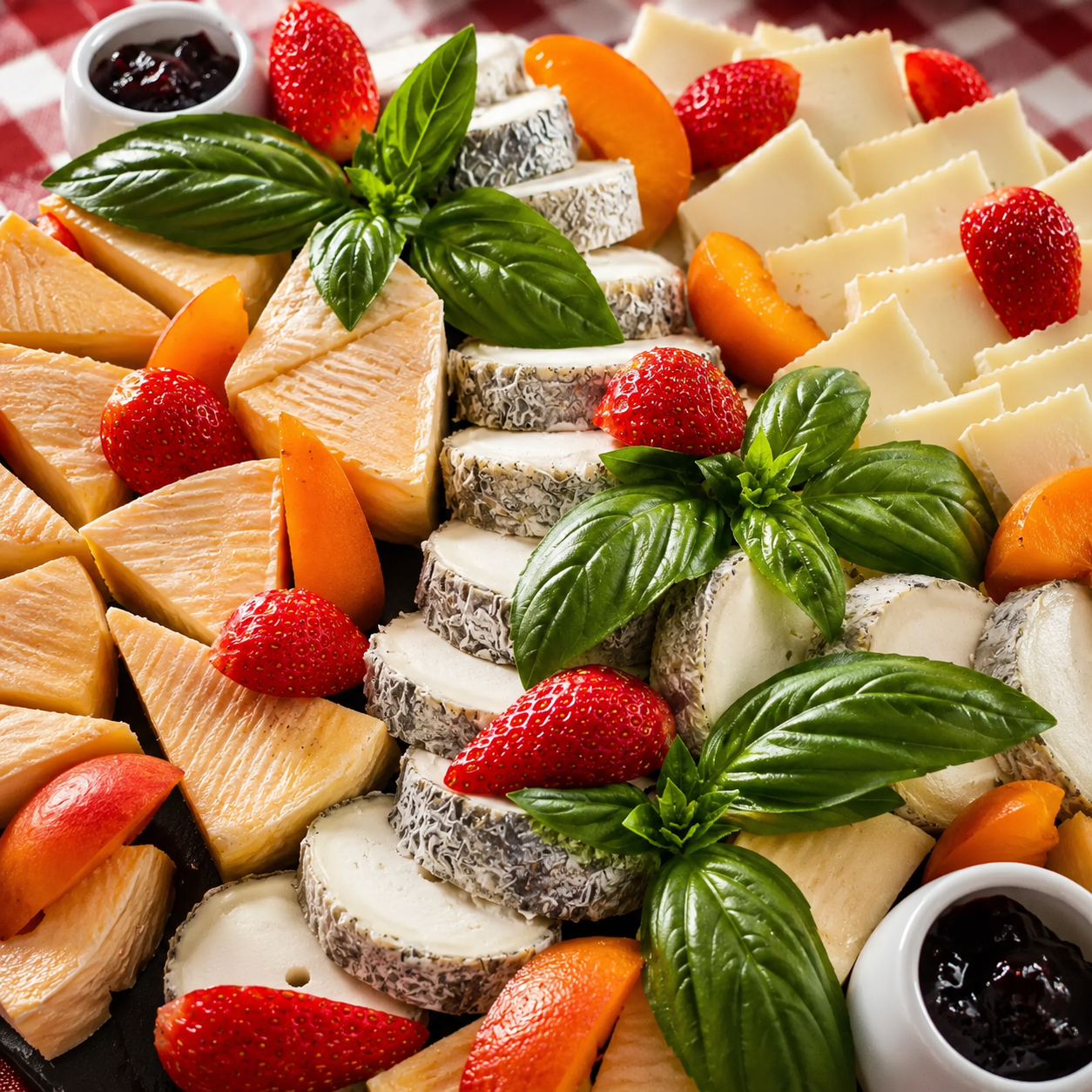 Plateau de fromages, fraises, abricots et basilic frais