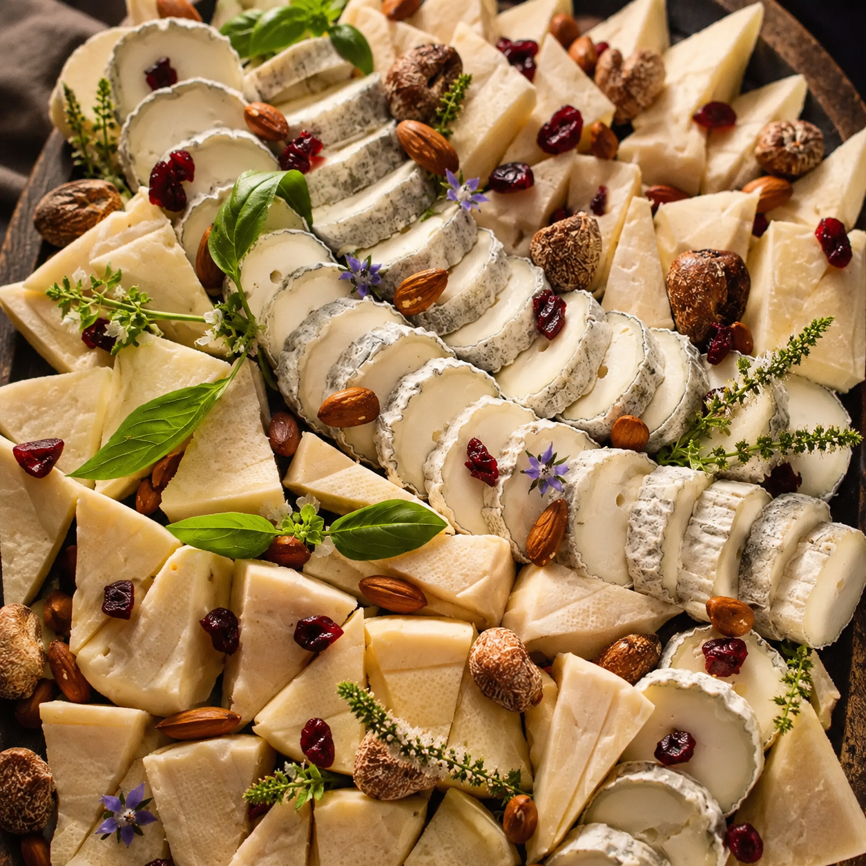 Plateau de fromages, cranberries, amandes et figues séchées