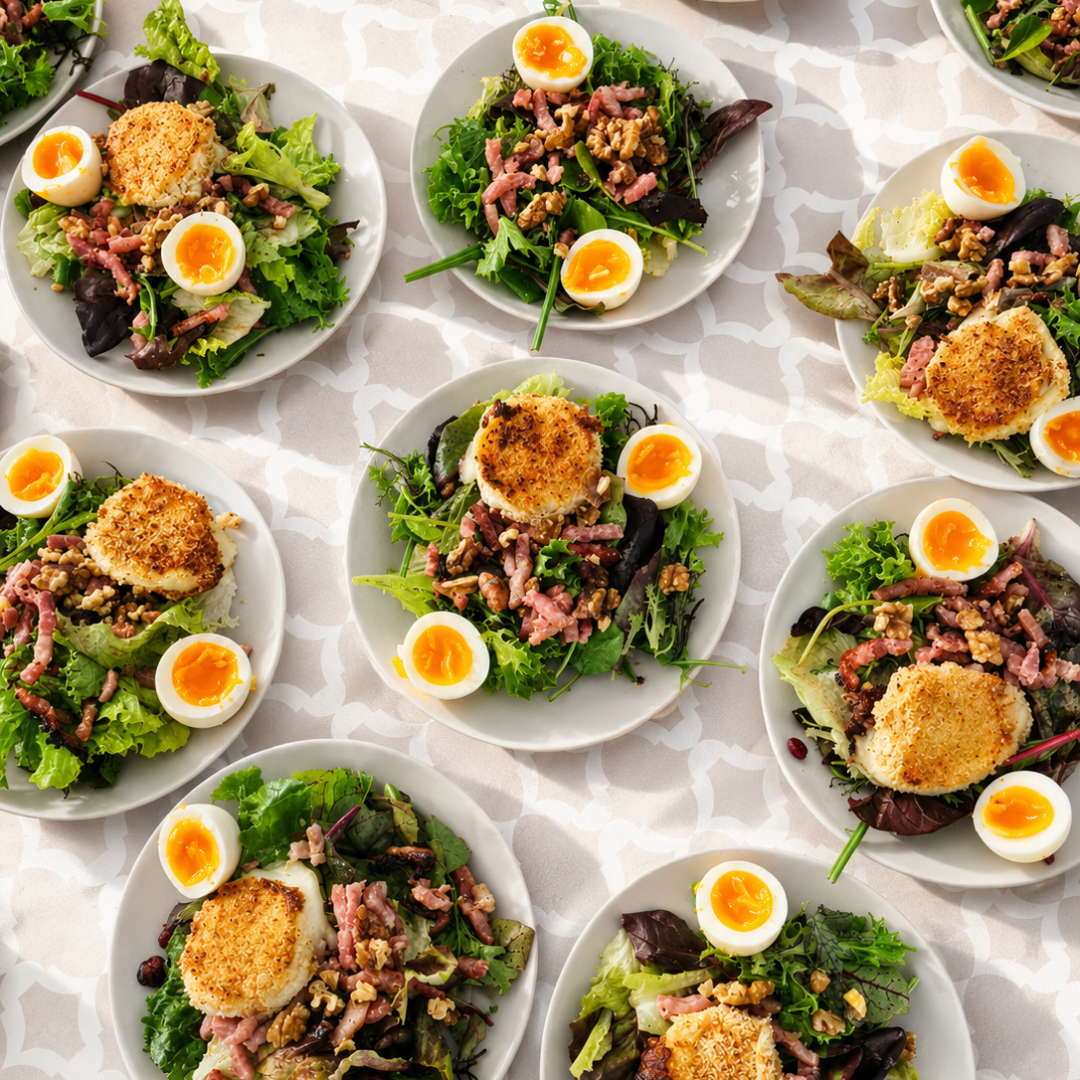 Salades gourmandes, œuf mollet et chèvre pané