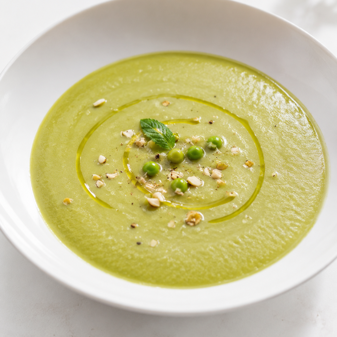 Velouté de petits pois, noisettes et menthe