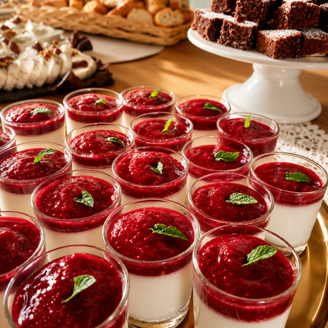 Verrines de panna cotta, framboise et menthe